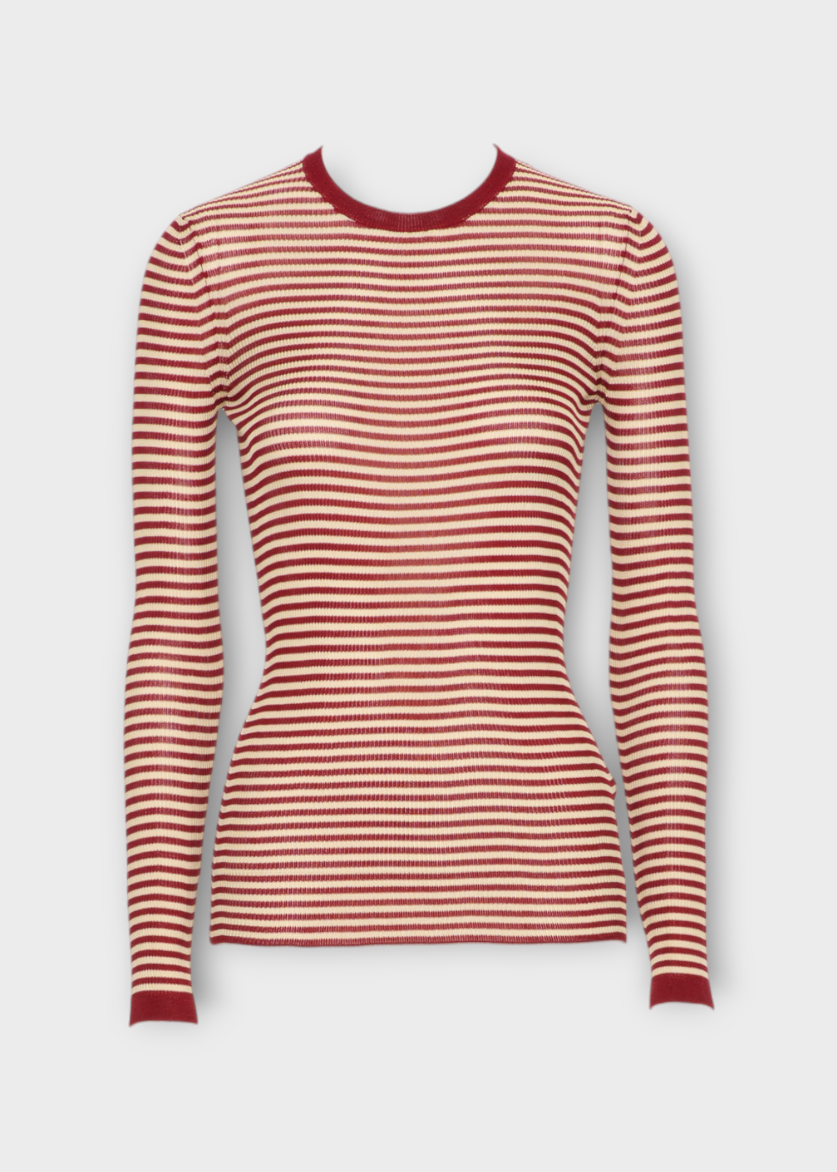 Valentino Valentino Top, Multi, Silk Crew Neck Long Sleeve Solid Striped Top in Red & Ecru