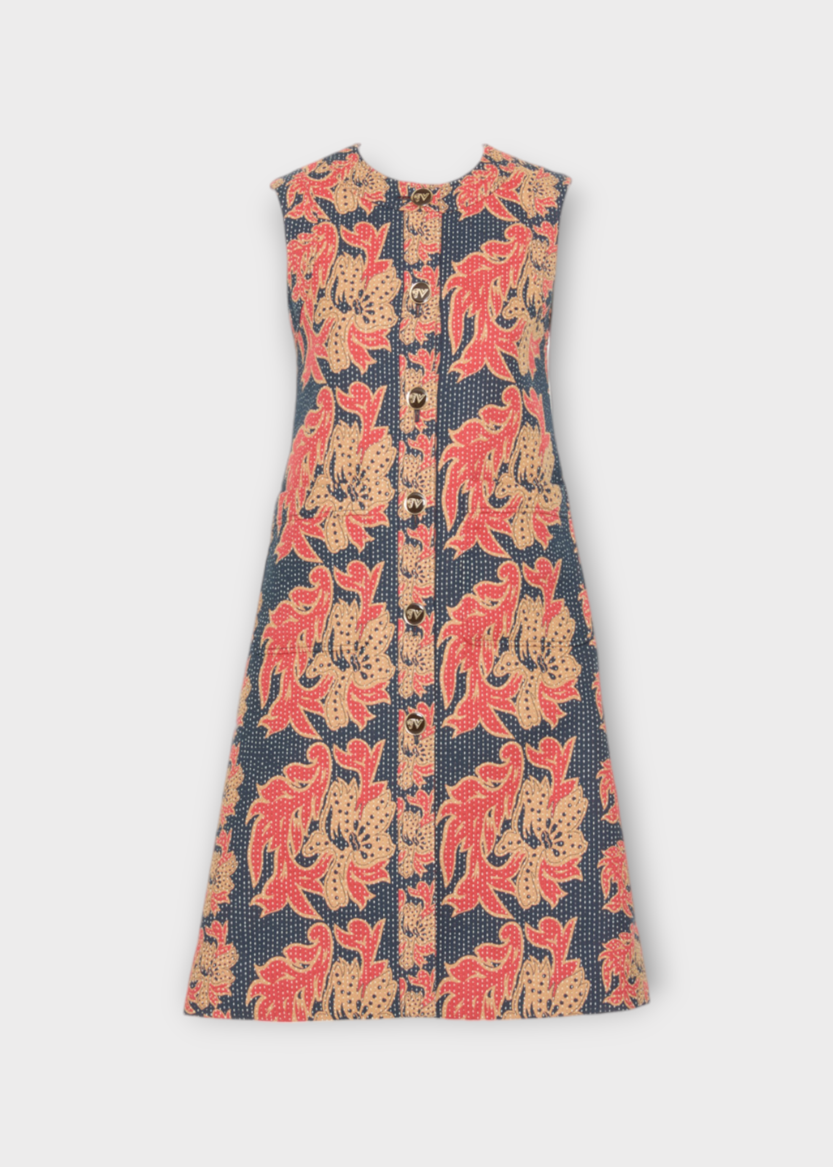 Valentino Valentino Jacket, Multi, Crew Neck Buttoned Up Quilted Floral Jacquard Vest In Black & Multicolour