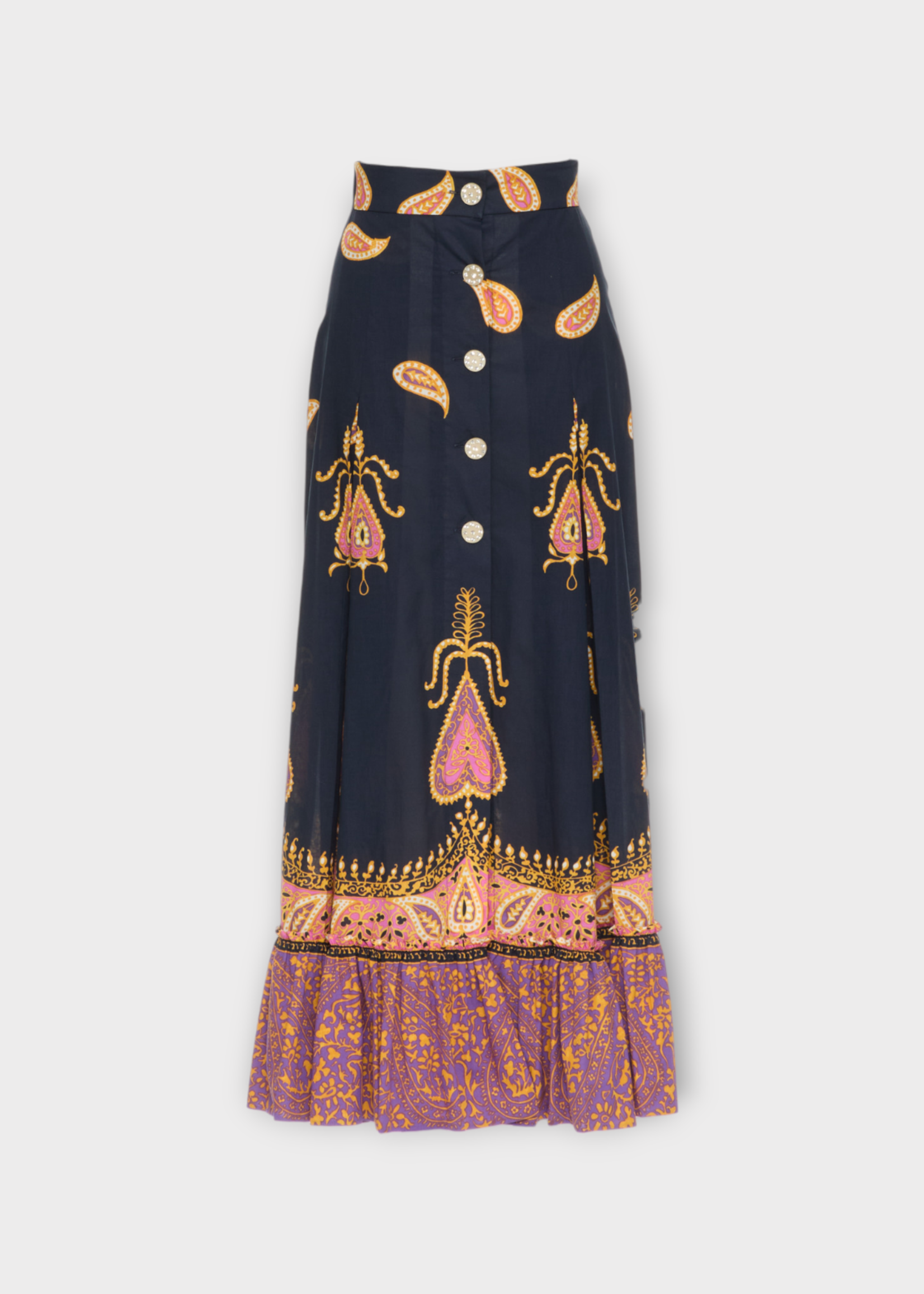 Valentino Valentino Skirt, Multi, Buttoned Midi Skirt In Black & Multicolour w/ Paisley Print