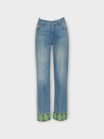 Valentino Valentino Jeans, Blue, Cotton High Waist Straight Leg Denim Pants In Medium Blue w/ Jacquard Trims