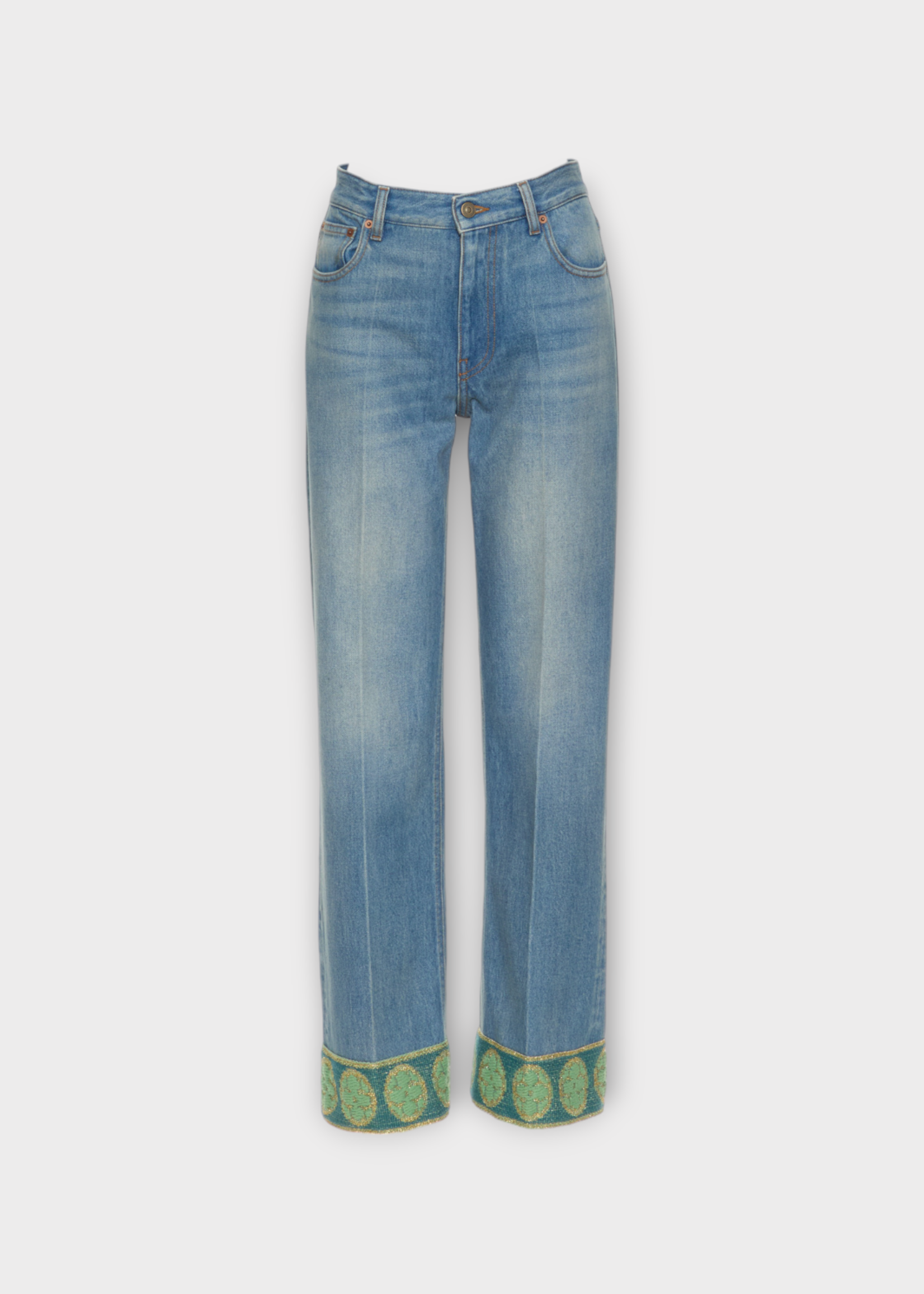 Valentino Valentino Jeans, Blue, Cotton High Waist Straight Leg Denim Pants In Medium Blue w/ Jacquard Trims