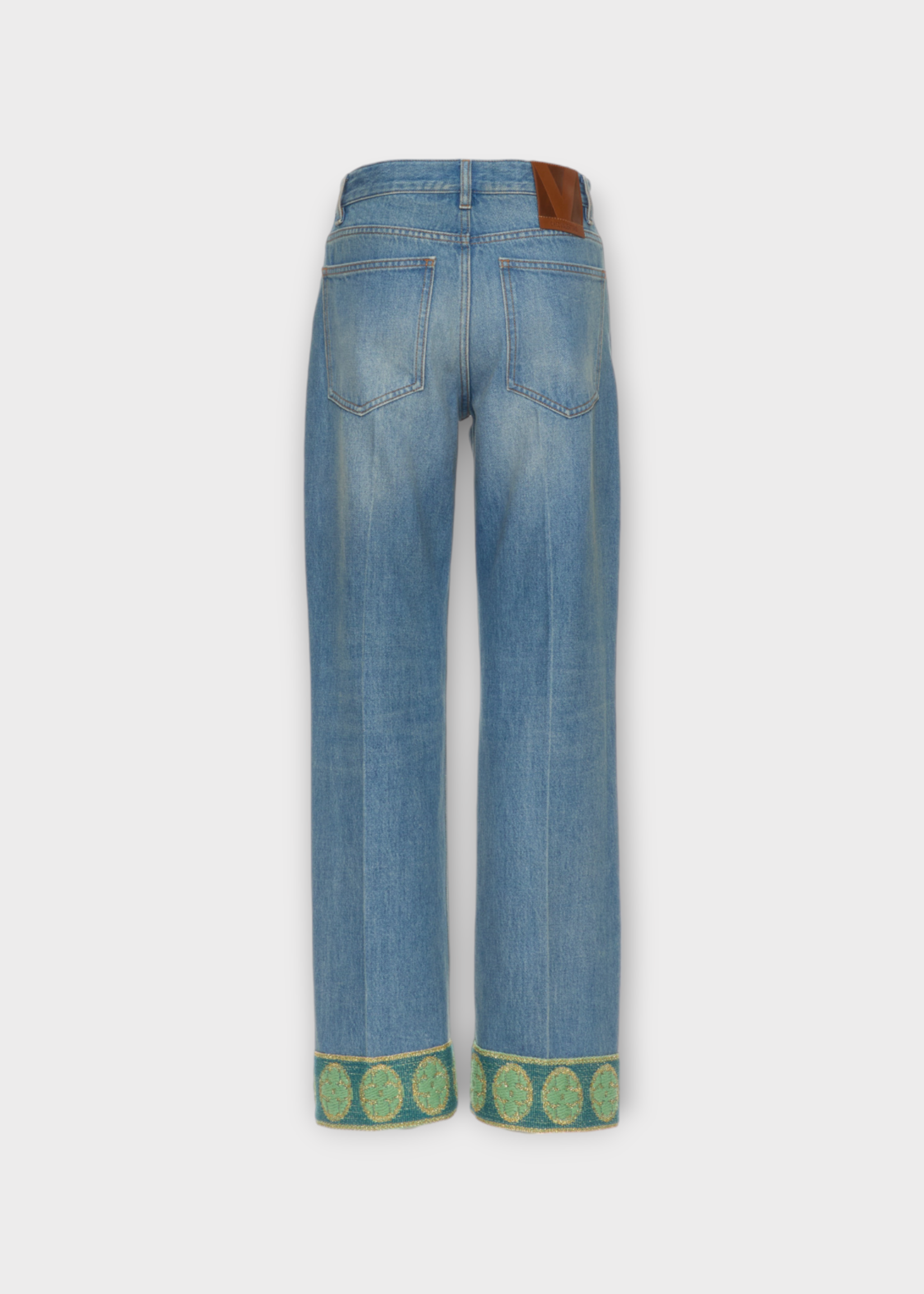 Valentino Valentino Jeans, Blue, Cotton High Waist Straight Leg Denim Pants In Medium Blue w/ Jacquard Trims