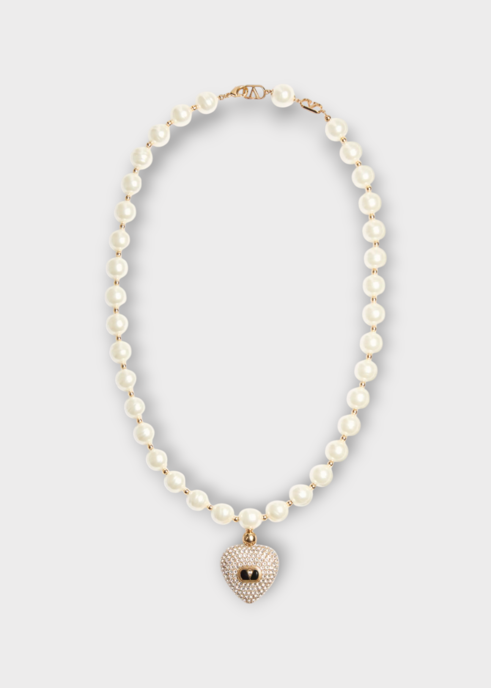 Valentino Valentino Necklace, Multi, Baroque Pearl Heart Necklace In Gold Black Crystal & Cream