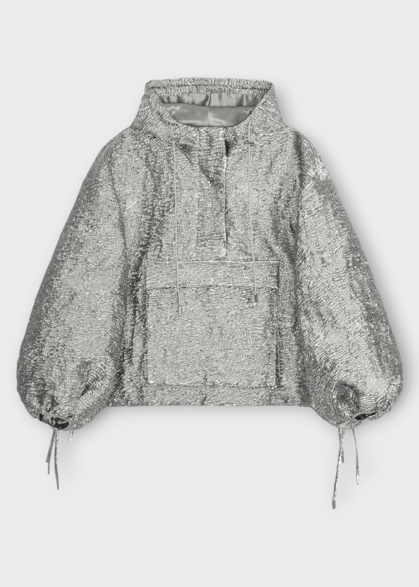 Cecilie Bahnsen Cecilie Bahnsen Jacket, Silver, Orion Quilted Anorak Wavy Hooded Jacket w/ Kangaroo Pocket & Voluminous Sleeves