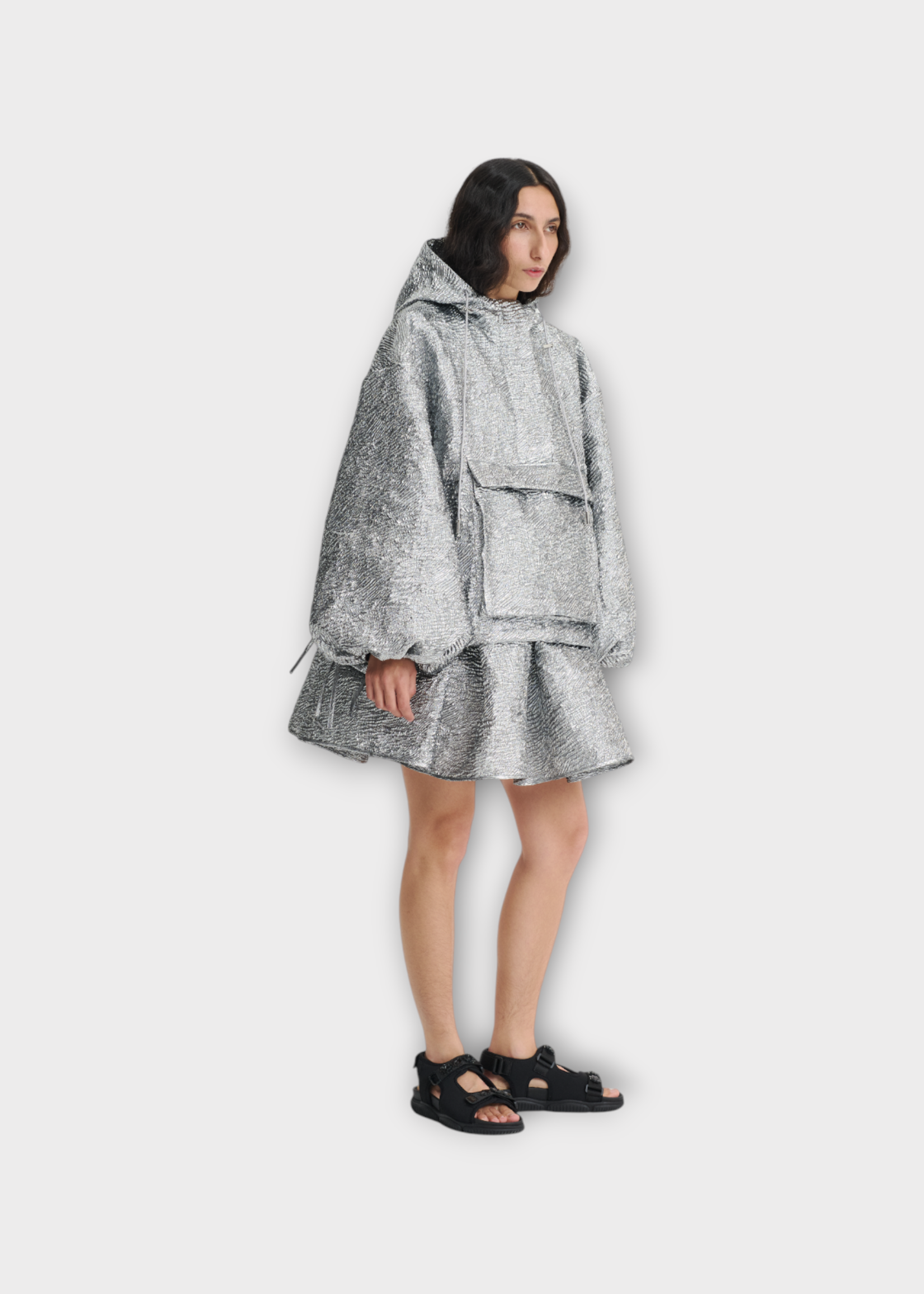 Cecilie Bahnsen Cecilie Bahnsen Jacket, Silver, Orion Quilted Anorak Wavy Hooded Jacket w/ Kangaroo Pocket & Voluminous Sleeves