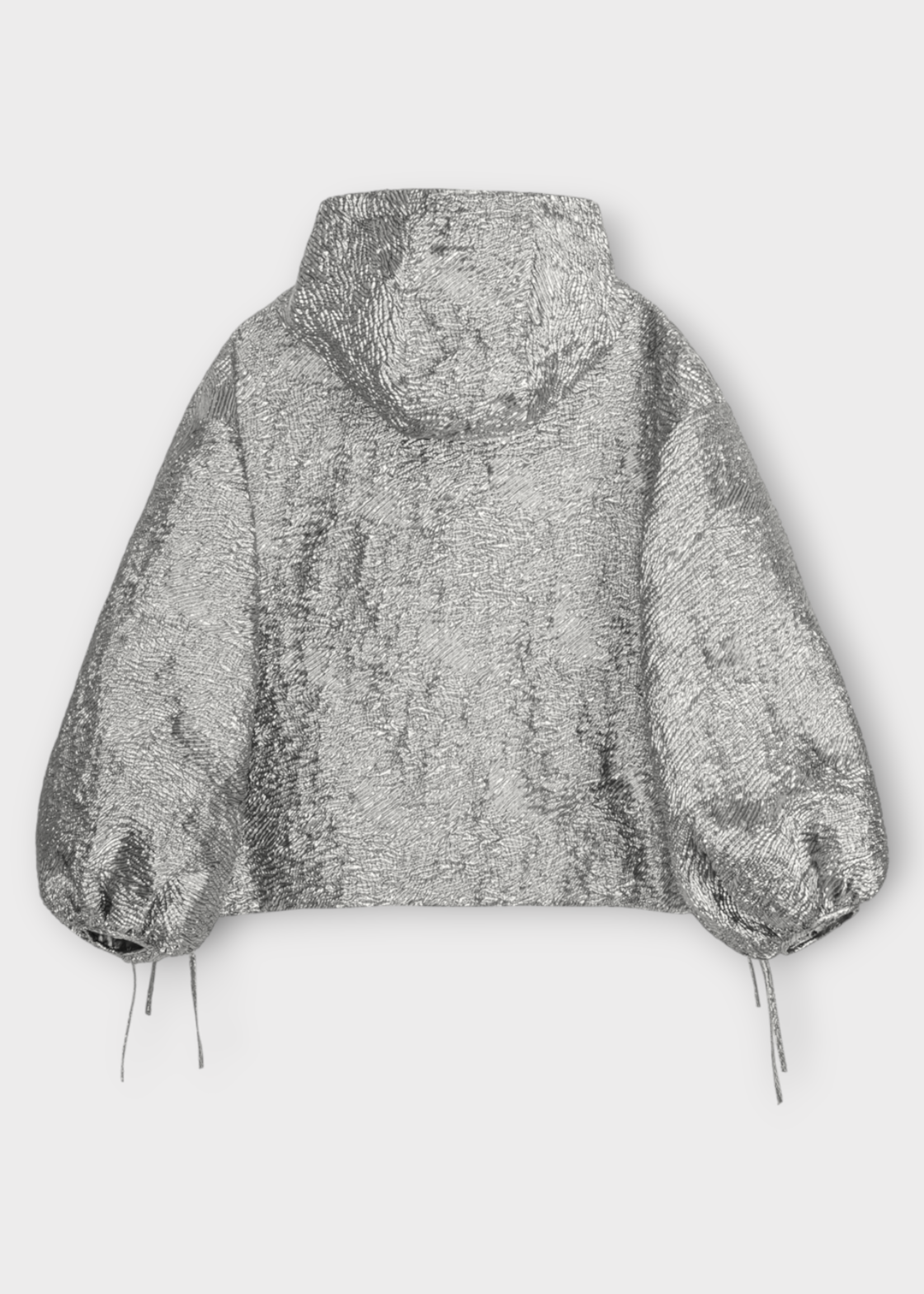 Cecilie Bahnsen Cecilie Bahnsen Jacket, Silver, Orion Quilted Anorak Wavy Hooded Jacket w/ Kangaroo Pocket & Voluminous Sleeves