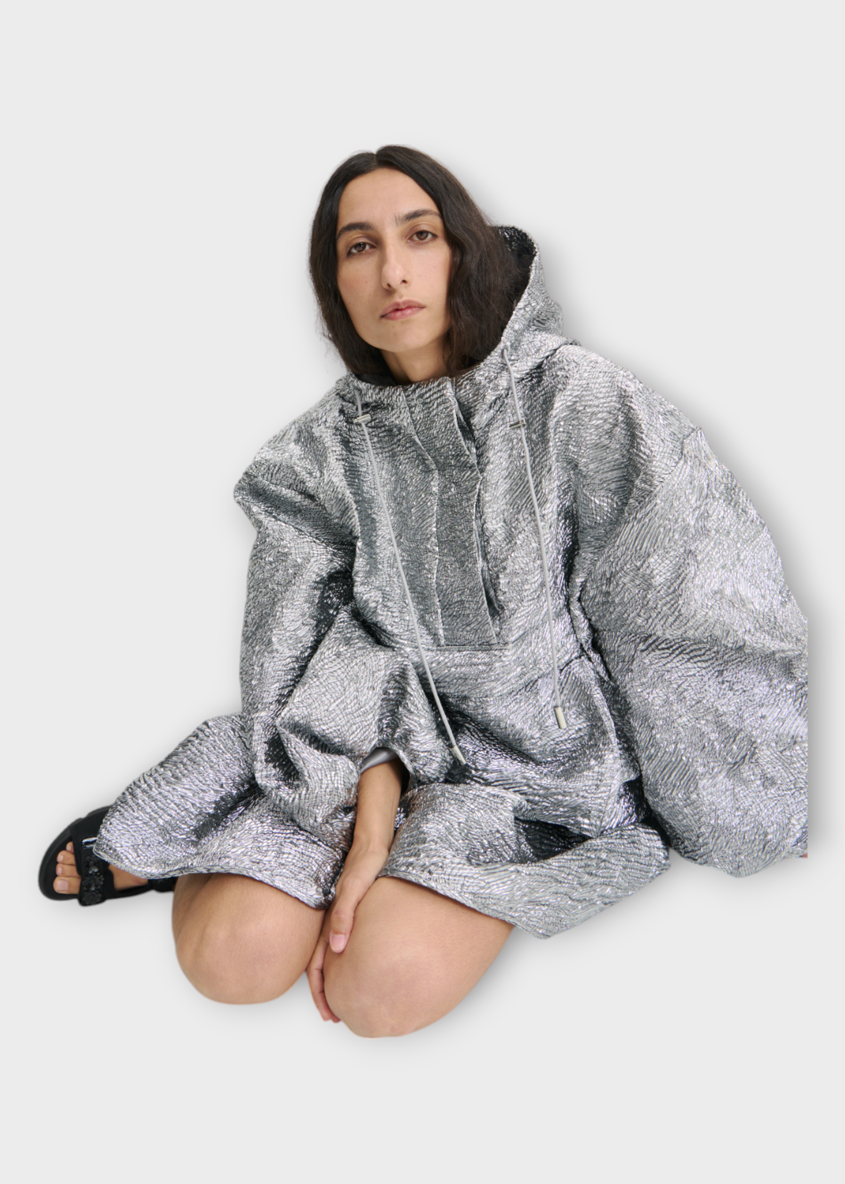 Cecilie Bahnsen Cecilie Bahnsen Jacket, Silver, Orion Quilted Anorak Wavy Hooded Jacket w/ Kangaroo Pocket & Voluminous Sleeves