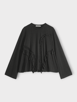 Cecilie Bahnsen Cecilie Bahnsen T-Shirt, Black, Alva Long Sleeve Jersey Ruffled T-Shirt w/ Gathered Panels