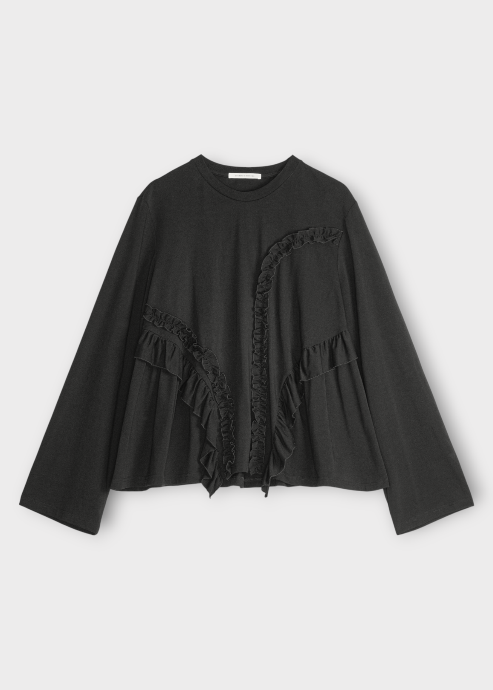 Cecilie Bahnsen Cecilie Bahnsen T-Shirt, Black, Alva Long Sleeve Jersey Ruffled T-Shirt w/ Gathered Panels