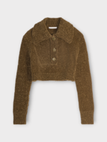 Cecilie Bahnsen Cecilie Bahnsen Knitwear, Green, Calla Velvet Polo Collar Cropped Button Up Knitted Jumper In Olive Green