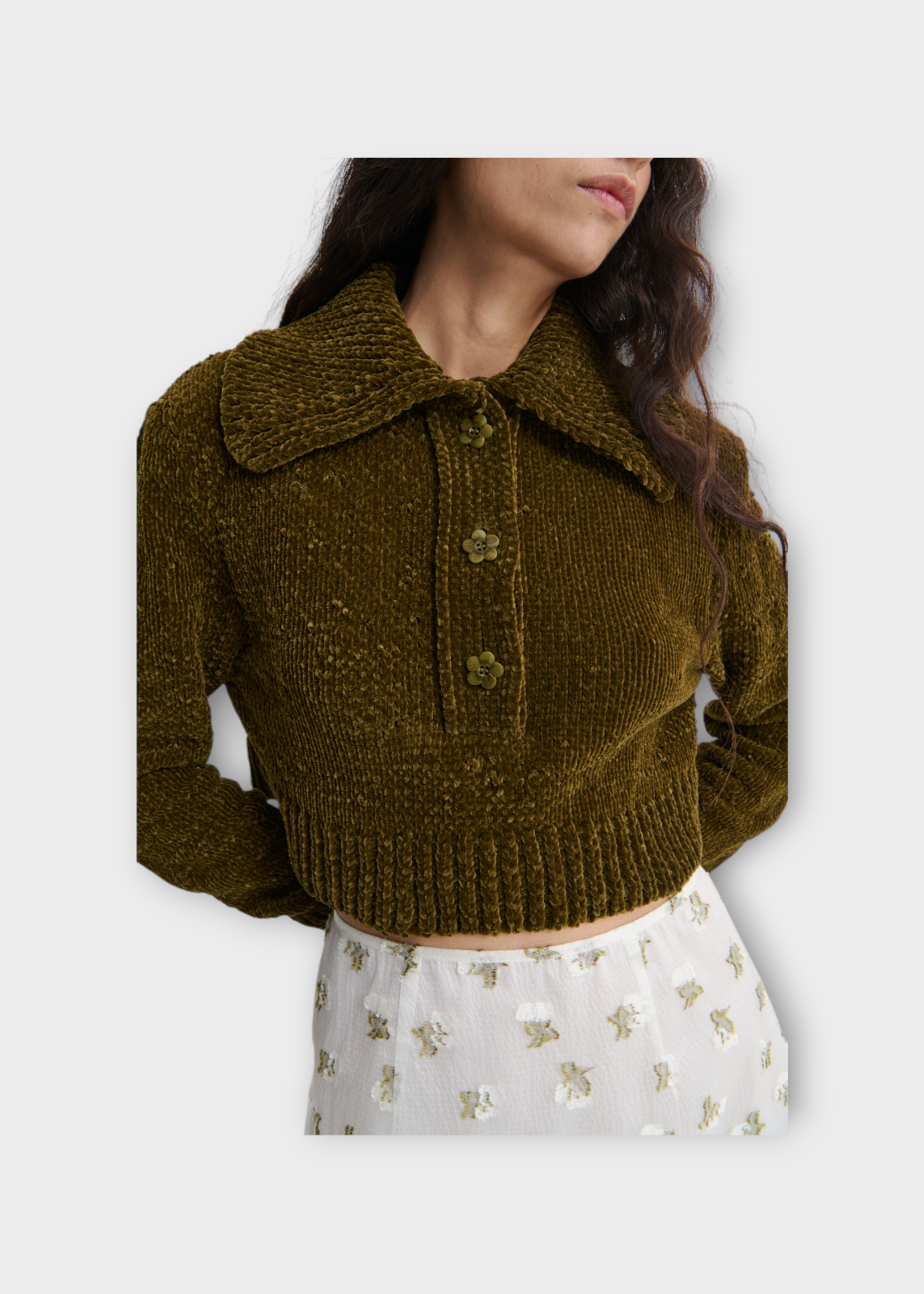 Cecilie Bahnsen Cecilie Bahnsen Knitwear, Green, Calla Velvet Polo Collar Cropped Button Up Knitted Jumper In Olive Green