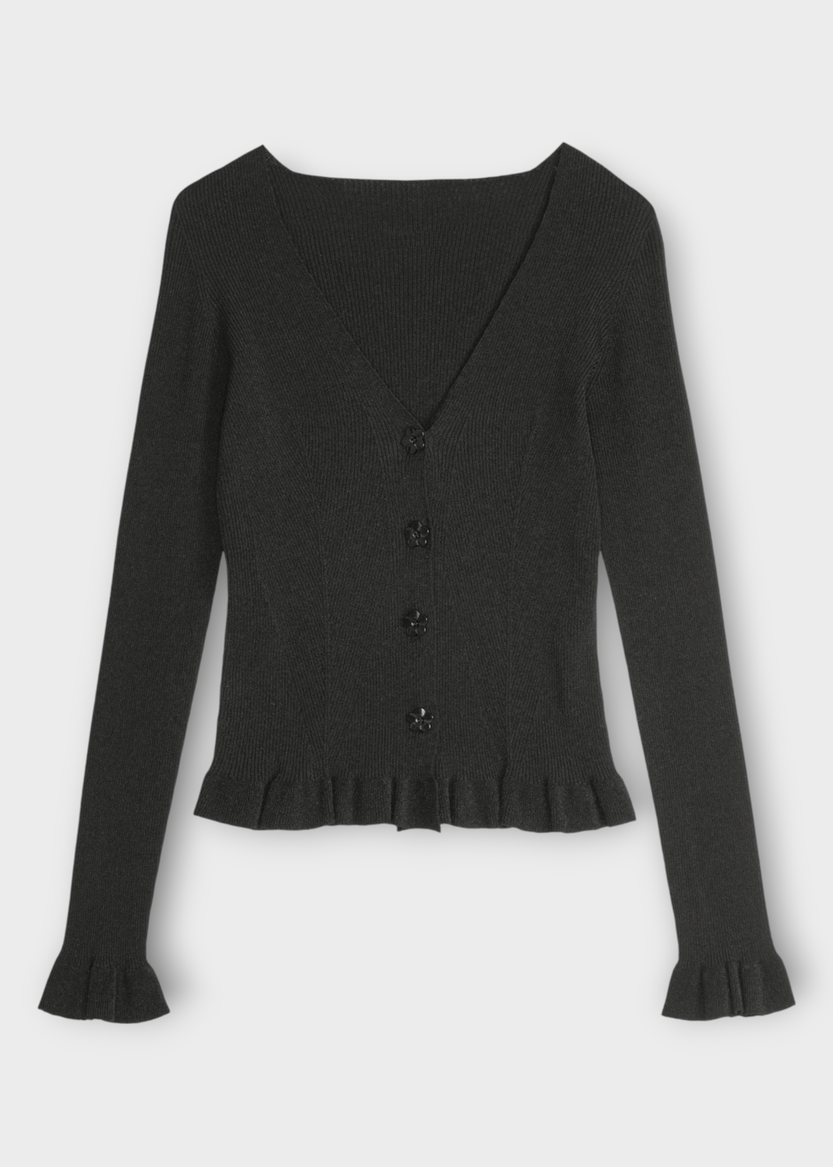 Cecilie Bahnsen Cecilie Bahnsen Knitwear, Black, Cassia V-Neck Button Up Ribbed Seamless Cardigan