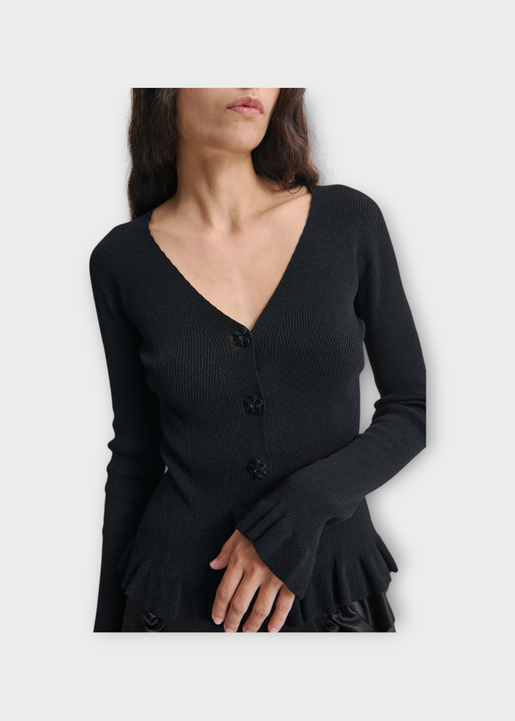 Cecilie Bahnsen Cecilie Bahnsen Knitwear, Black, Cassia V-Neck Button Up Ribbed Seamless Cardigan