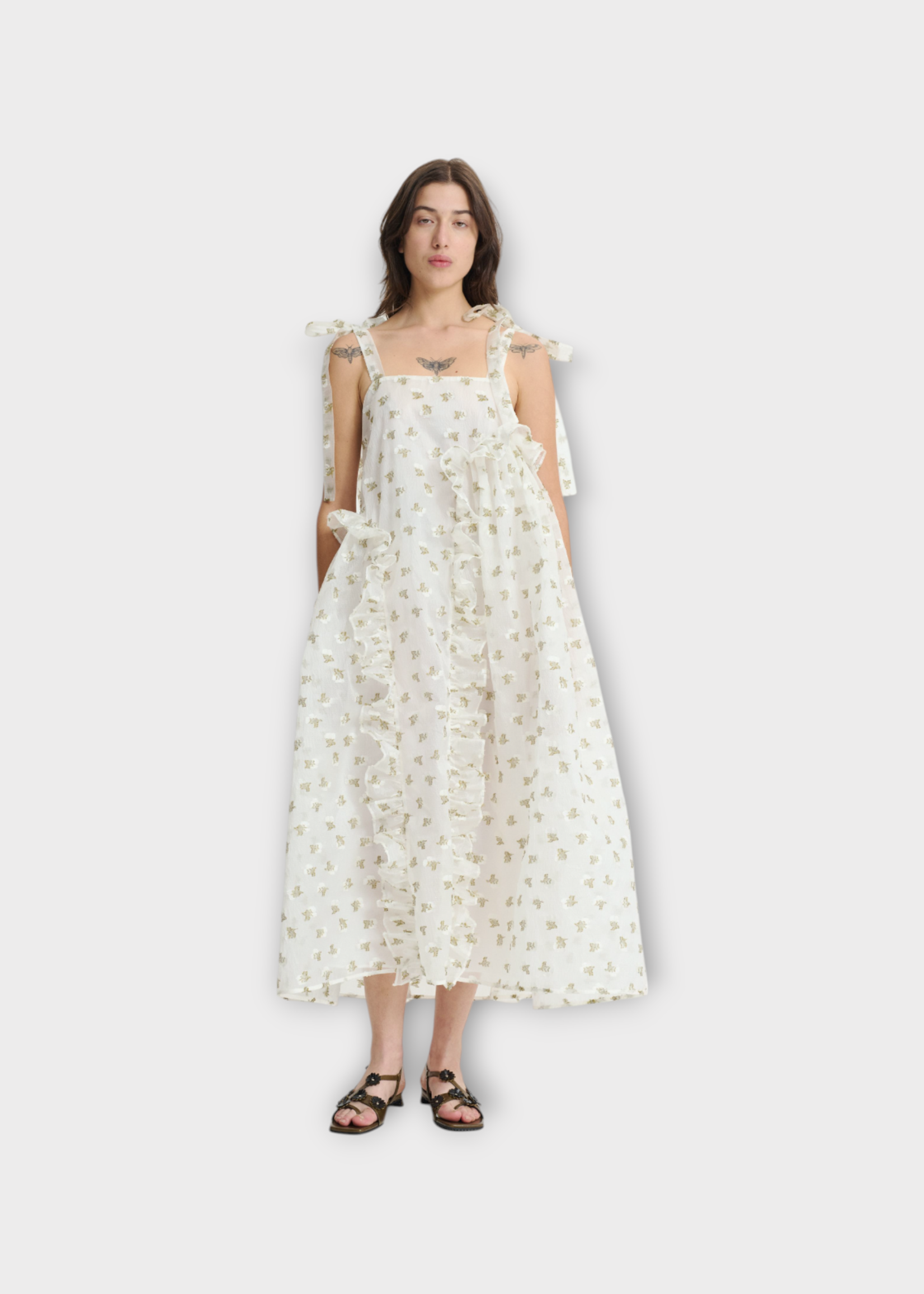 Cecilie Bahnsen Cecilie Bahnsen Dress, Multi, Alga Slip Oversized Kado Dress In White & Olive w/ Flower Embroidery