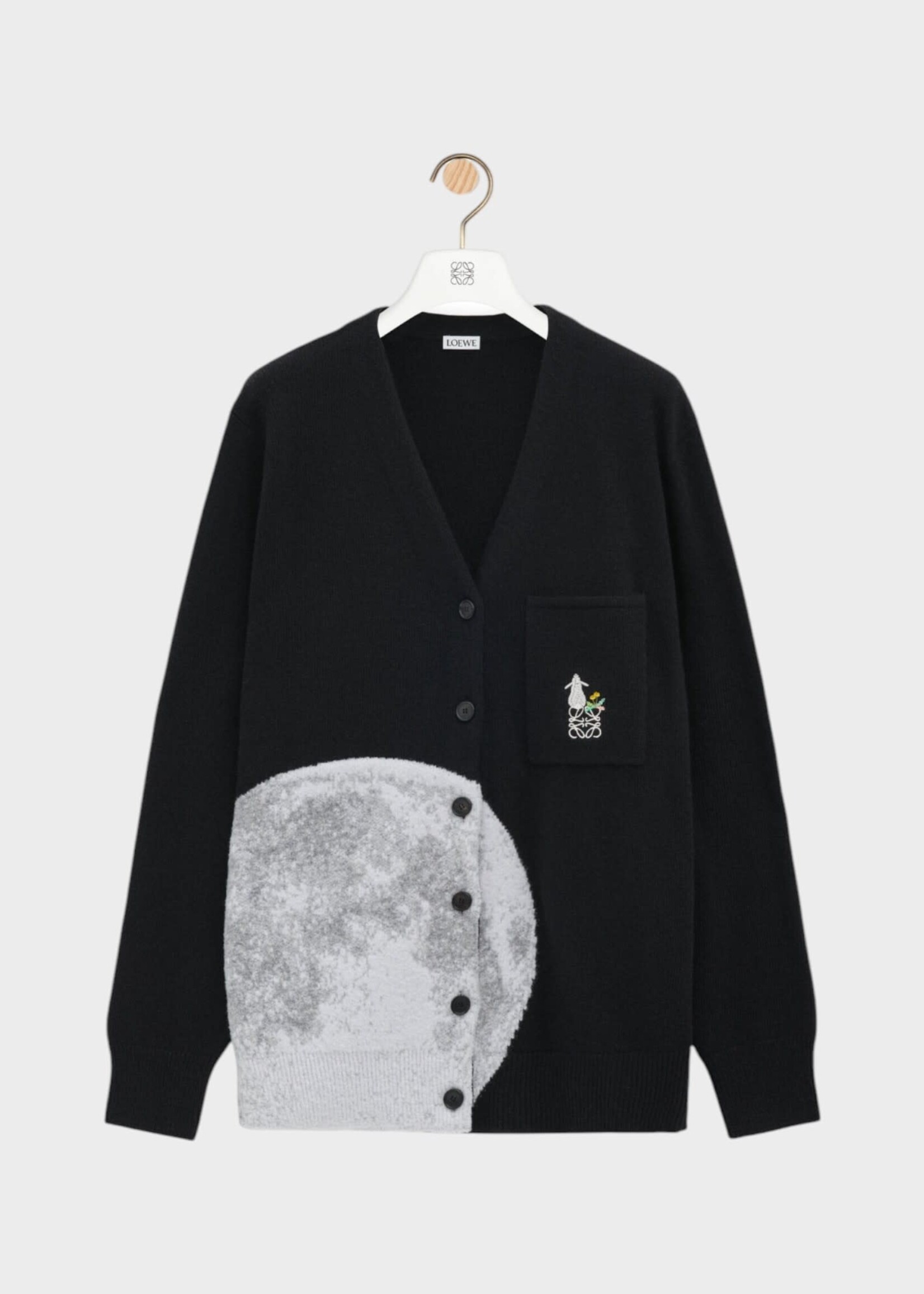 Loewe Loewe Knitwear, Black, Wool Relaxed Fit V-Neck Buttoned Cardigan In Black w/ Moon Jacquard Intarsia