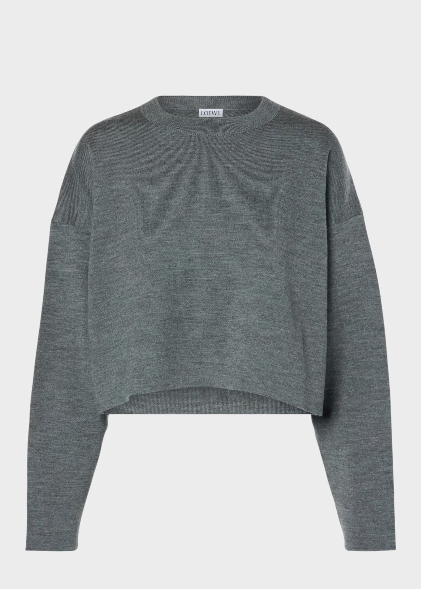 Loewe Loewe Knitwear, Grey, Wool Relaxed Fit Crew Neck Cropped Sweater In Dark Grey w/ Anagram Patches