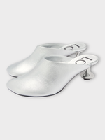 Loewe Loewe Heels, Silver, Laminated Lambskin Toy Mules w/ 45MM Heel & Petal Toe