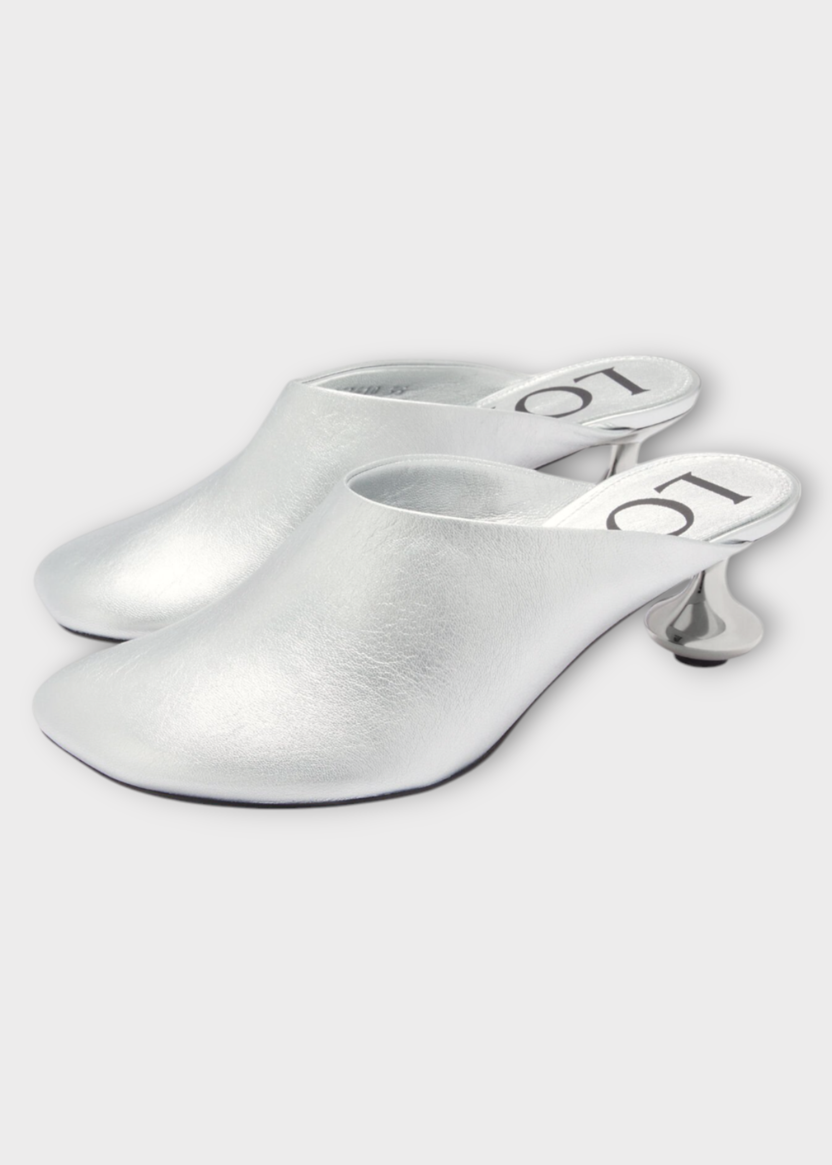 Loewe Loewe Heels, Silver, Laminated Lambskin Toy Mules w/ 45MM Heel & Petal Toe