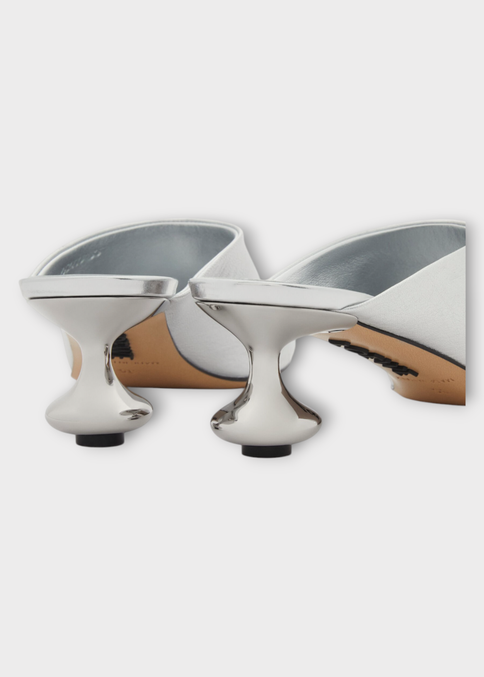 Loewe Loewe Heels, Silver, Laminated Lambskin Toy Mules w/ 45MM Heel & Petal Toe