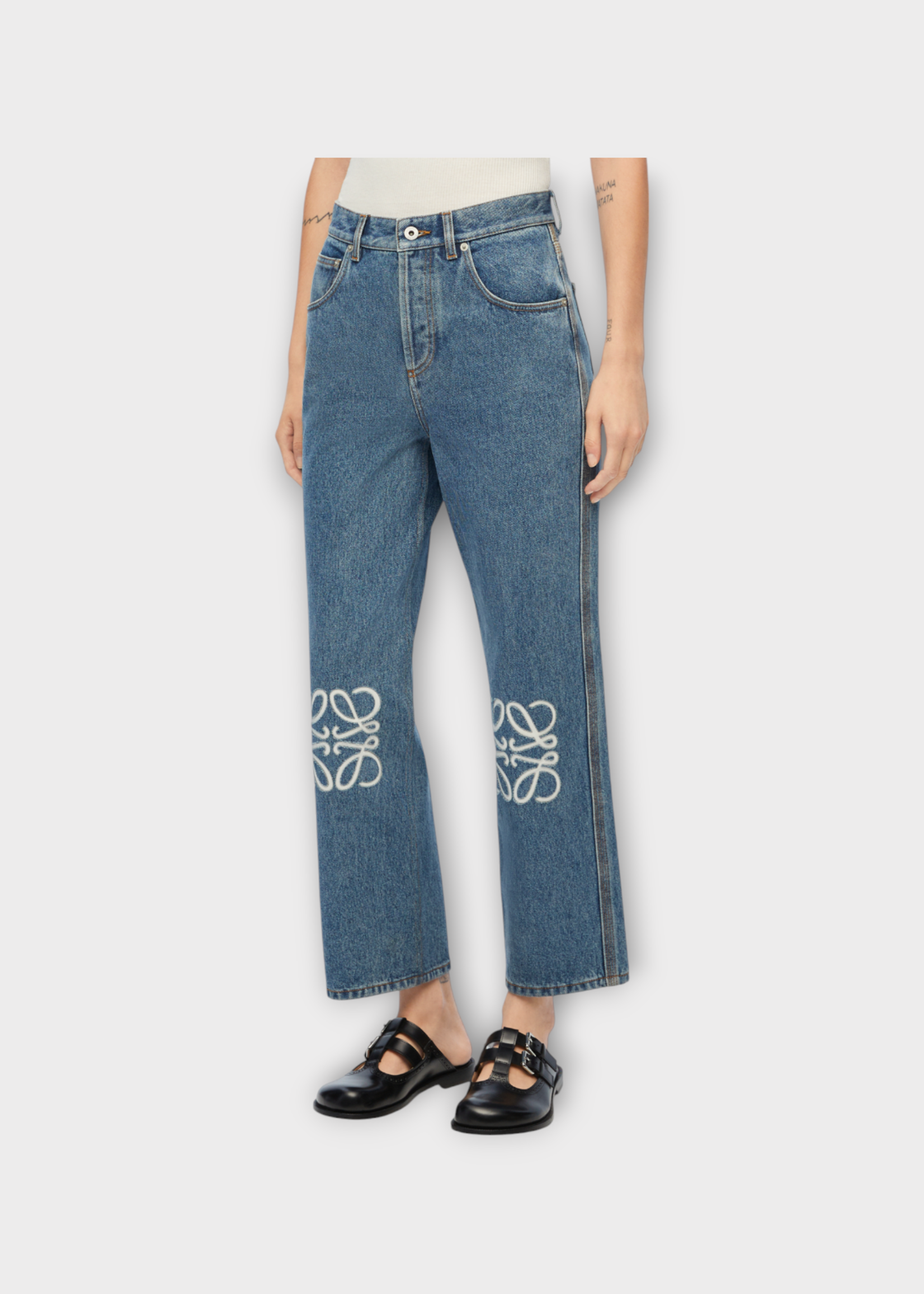 Loewe Loewe Jeans, Blue, Cotton Denim Cropped Anagram Jeans In Mid Blue Denim