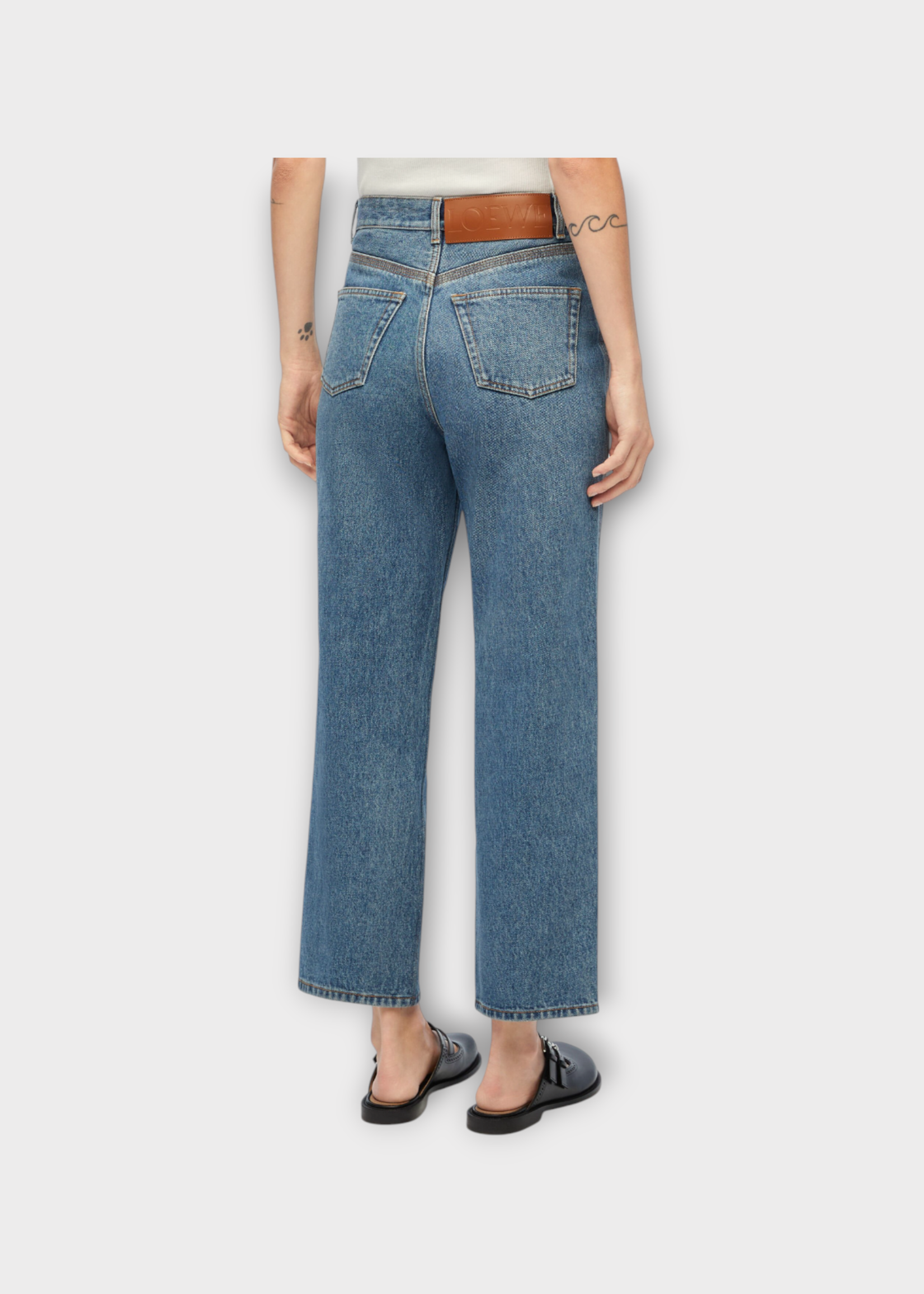 Loewe Loewe Jeans, Blue, Cotton Denim Cropped Anagram Jeans In Mid Blue Denim