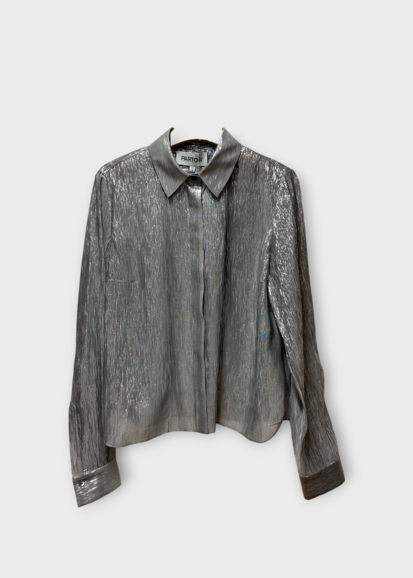 Partow Partow Shirt, Grey, Lara Lame Fitted Shirt In Gunmetal w/ Hidden Placket Detail
