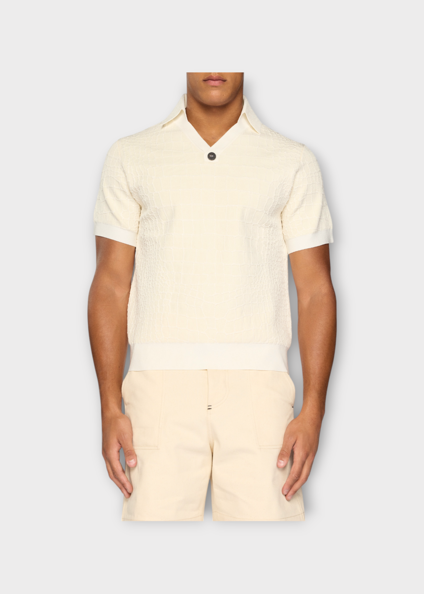 Jacquemus Jacquemus T-Shirt, White, Le Polo Scala Collared Croco Knit Polo T-Shirt In Off White
