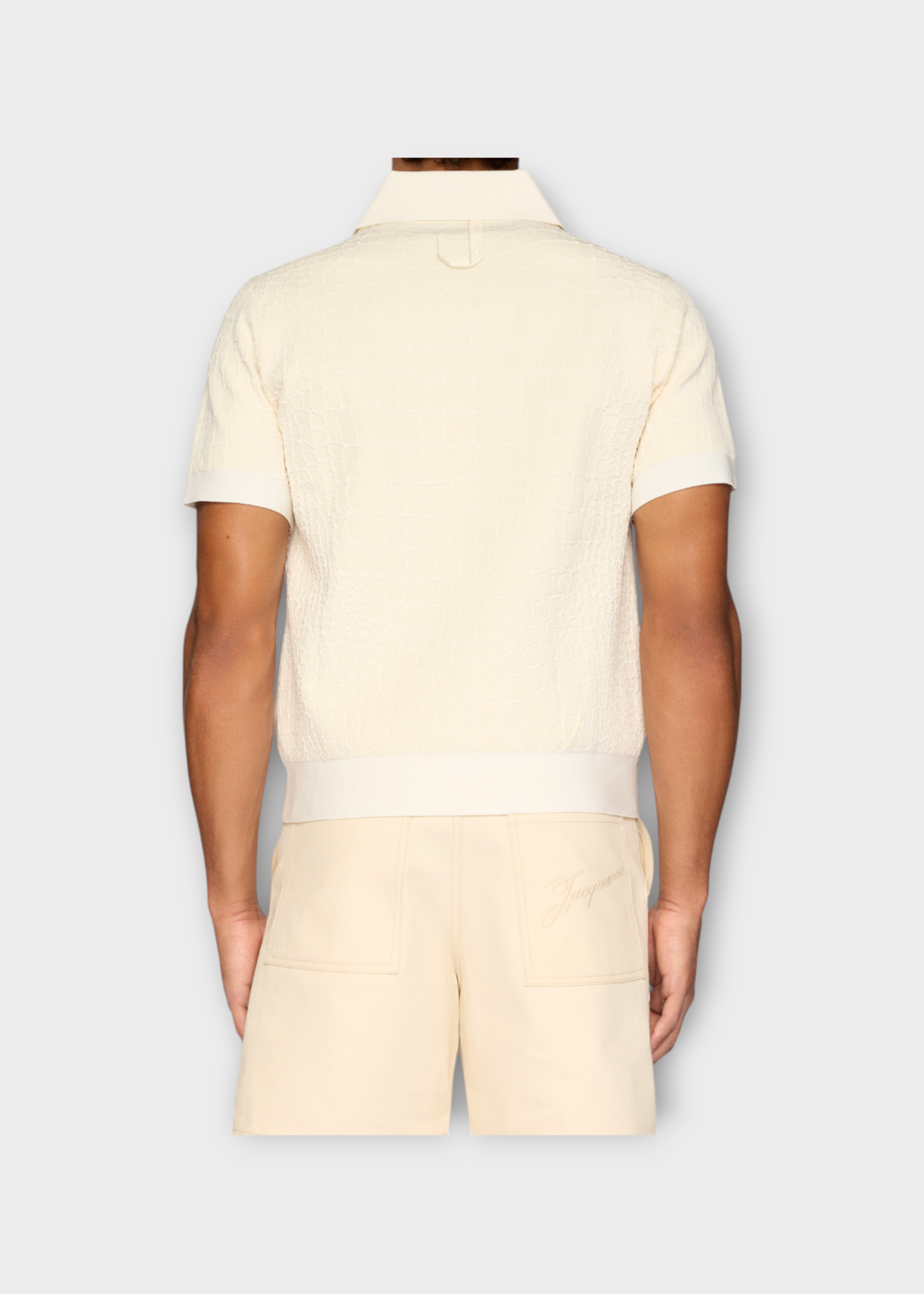Jacquemus Jacquemus T-Shirt, White, Le Polo Scala Collared Croco Knit Polo T-Shirt In Off White