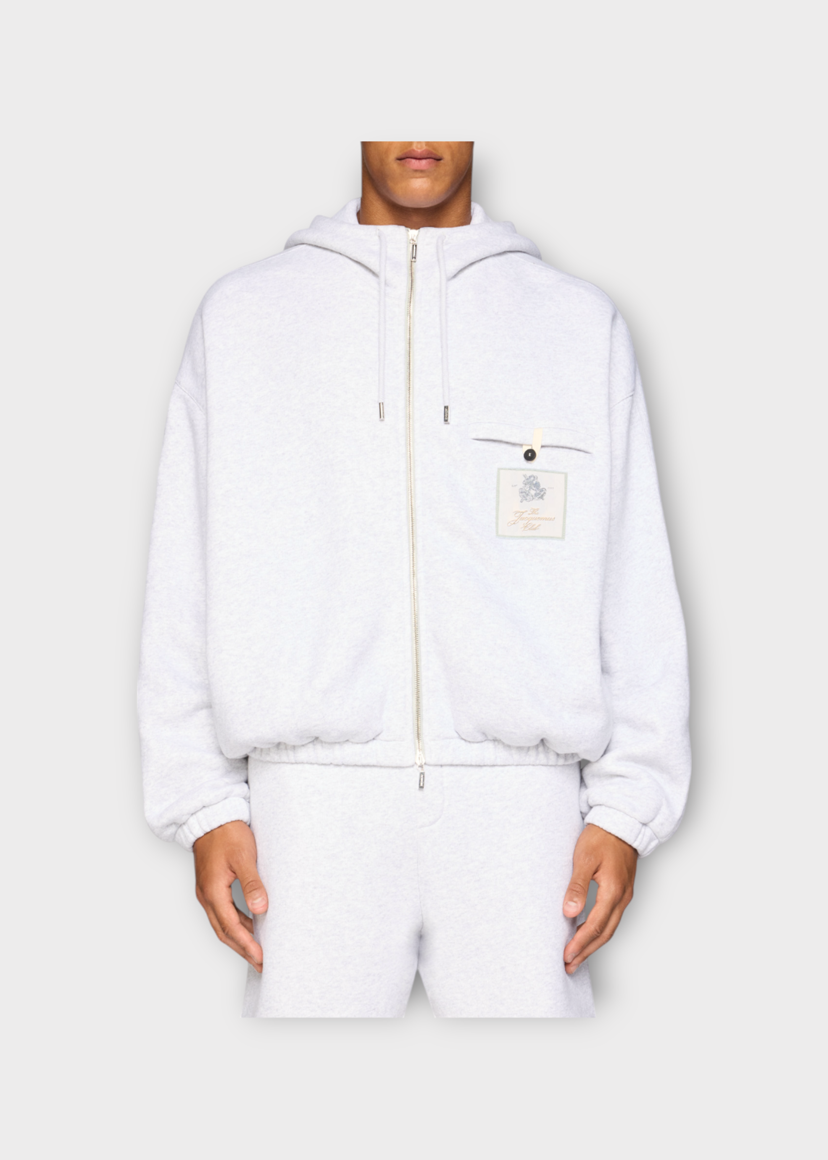 Jacquemus Jacquemus Sweatshirt, Grey, Le Hoodie Torneo Cotton Zip Up Athletic Club Sweatshirt w/ Elastic Waist