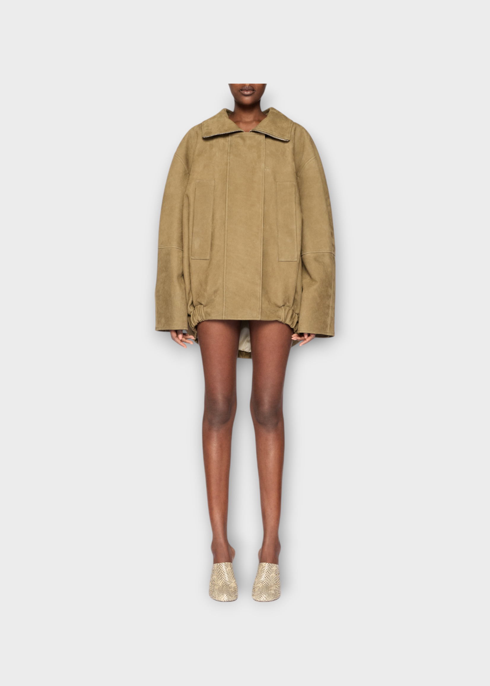 Jacquemus Jacquemus Jacket, Green, Le Blouson Ciro Cuir Grained Leather High Neck Jacket In Light Khaki w/ Elastic Waist