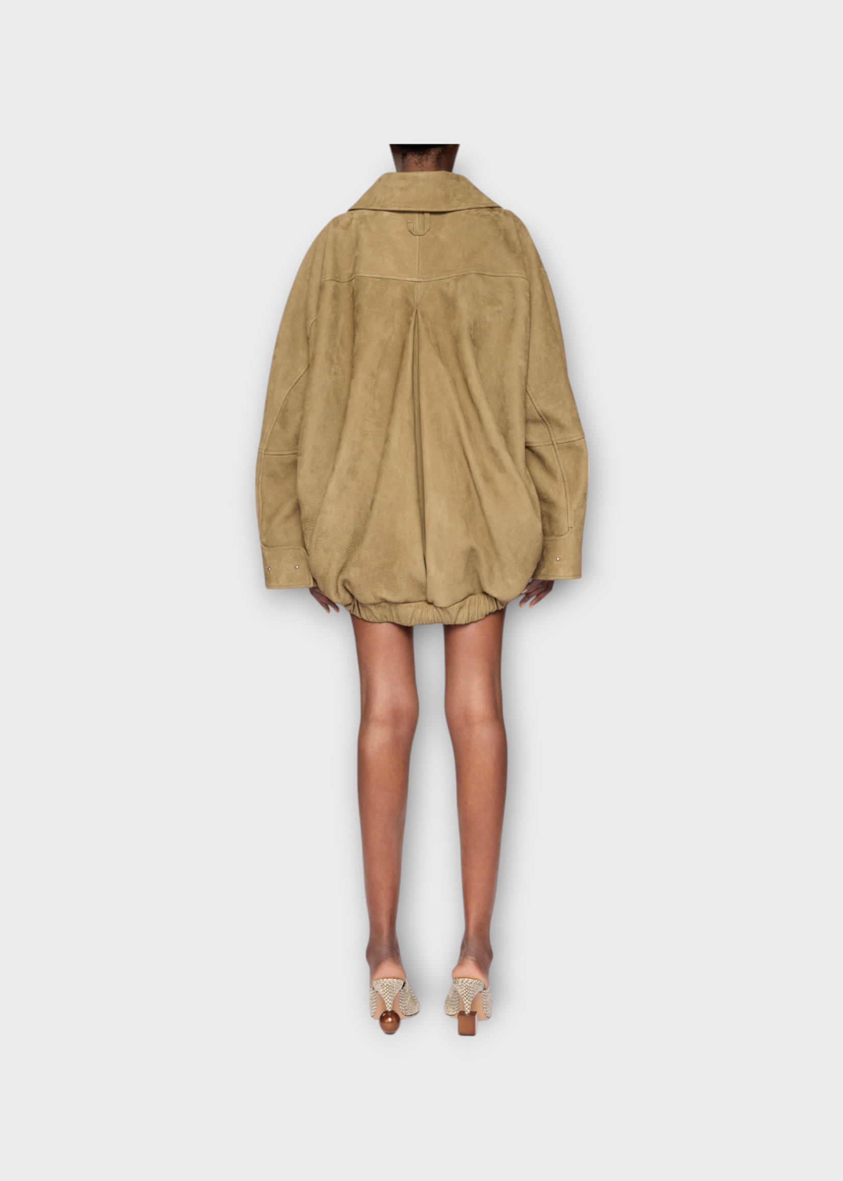 Jacquemus Jacquemus Jacket, Green, Le Blouson Ciro Cuir Grained Leather High Neck Jacket In Light Khaki w/ Elastic Waist