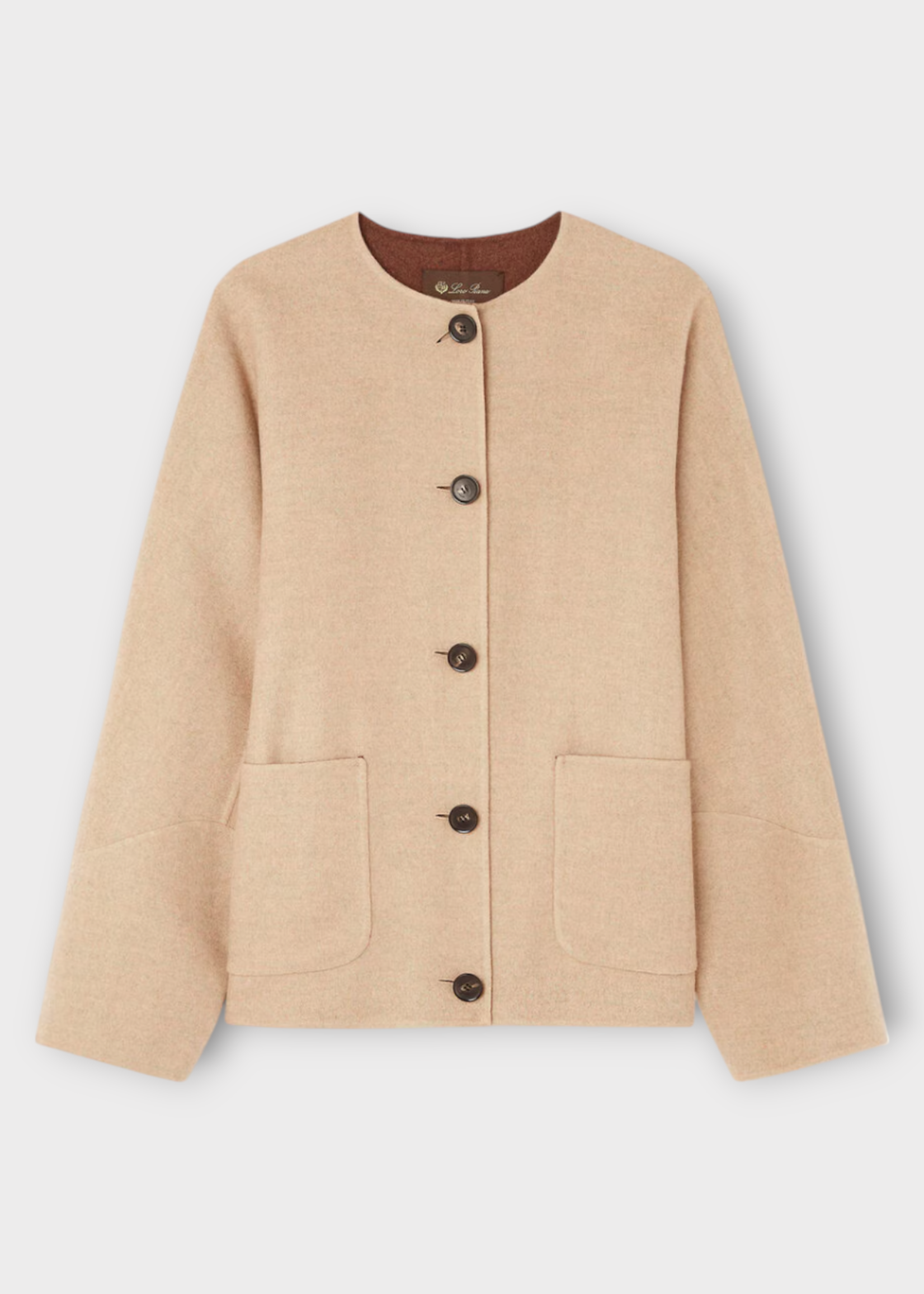 Loro Piana Loro Piana Jacket, Beige, Navid Cashmere Crew Neck Buttoned Jacket In Rosy Granite Melange w/ Patch Pockets