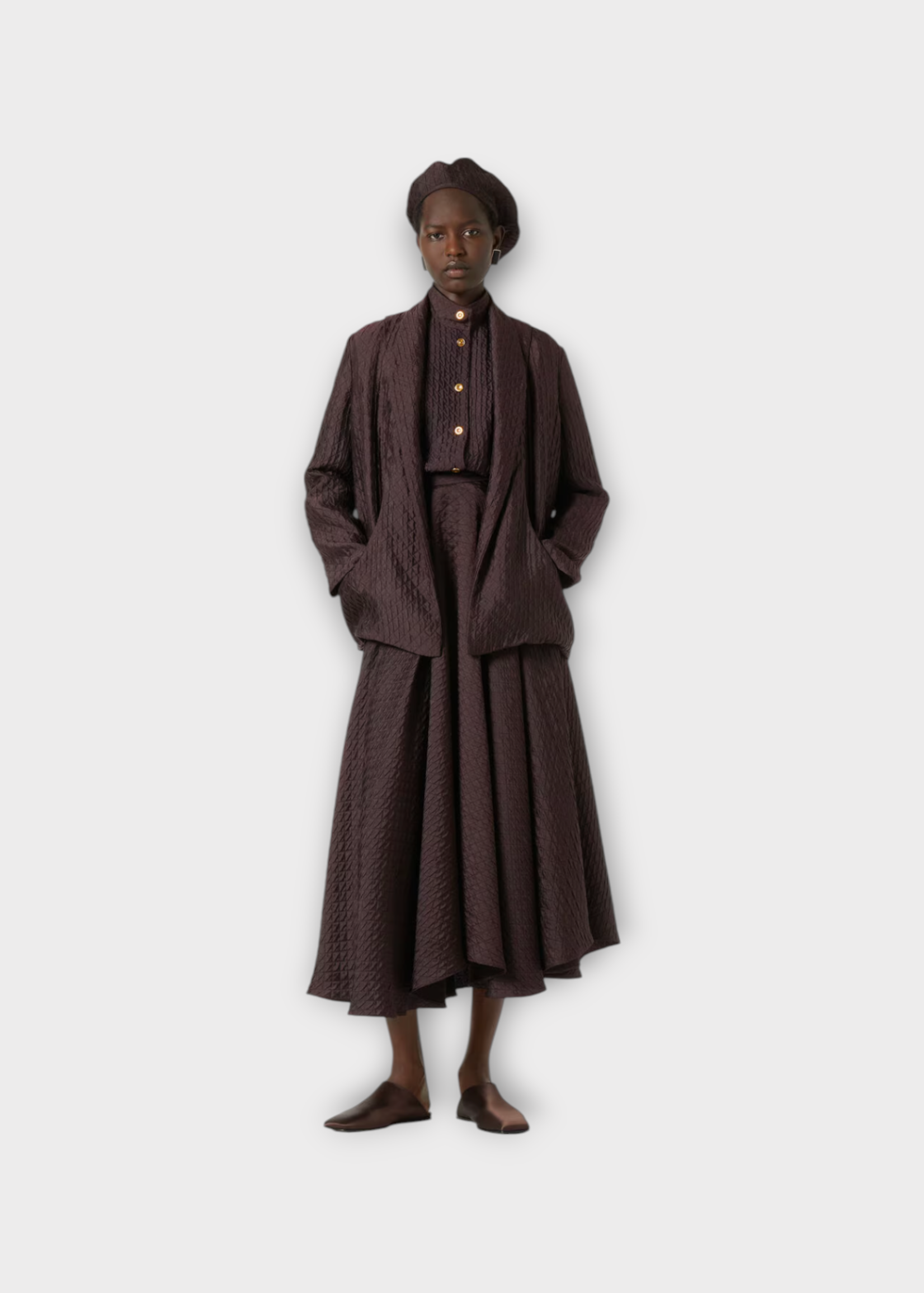Loro Piana Loro Piana Skirt, Brown, Elise High Waist Flared Midi Skirt In Cloves w/ All Over Diamond Quilting