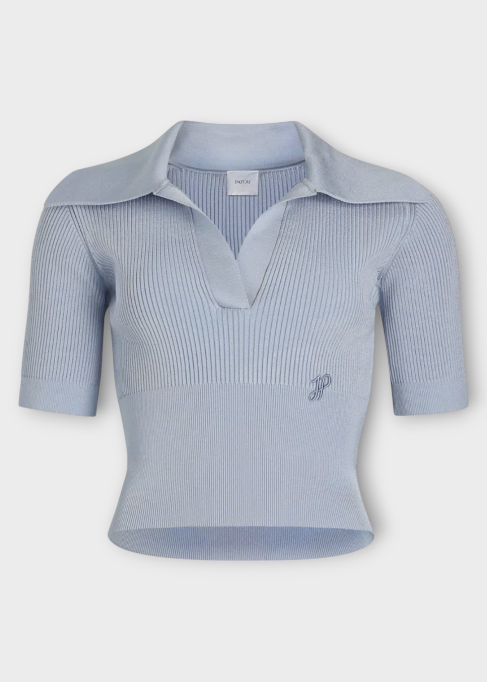 Patou Patou T-Shirt, Blue, Collared Short Sleeve Ribbed Knit Polo In Pearl Blue