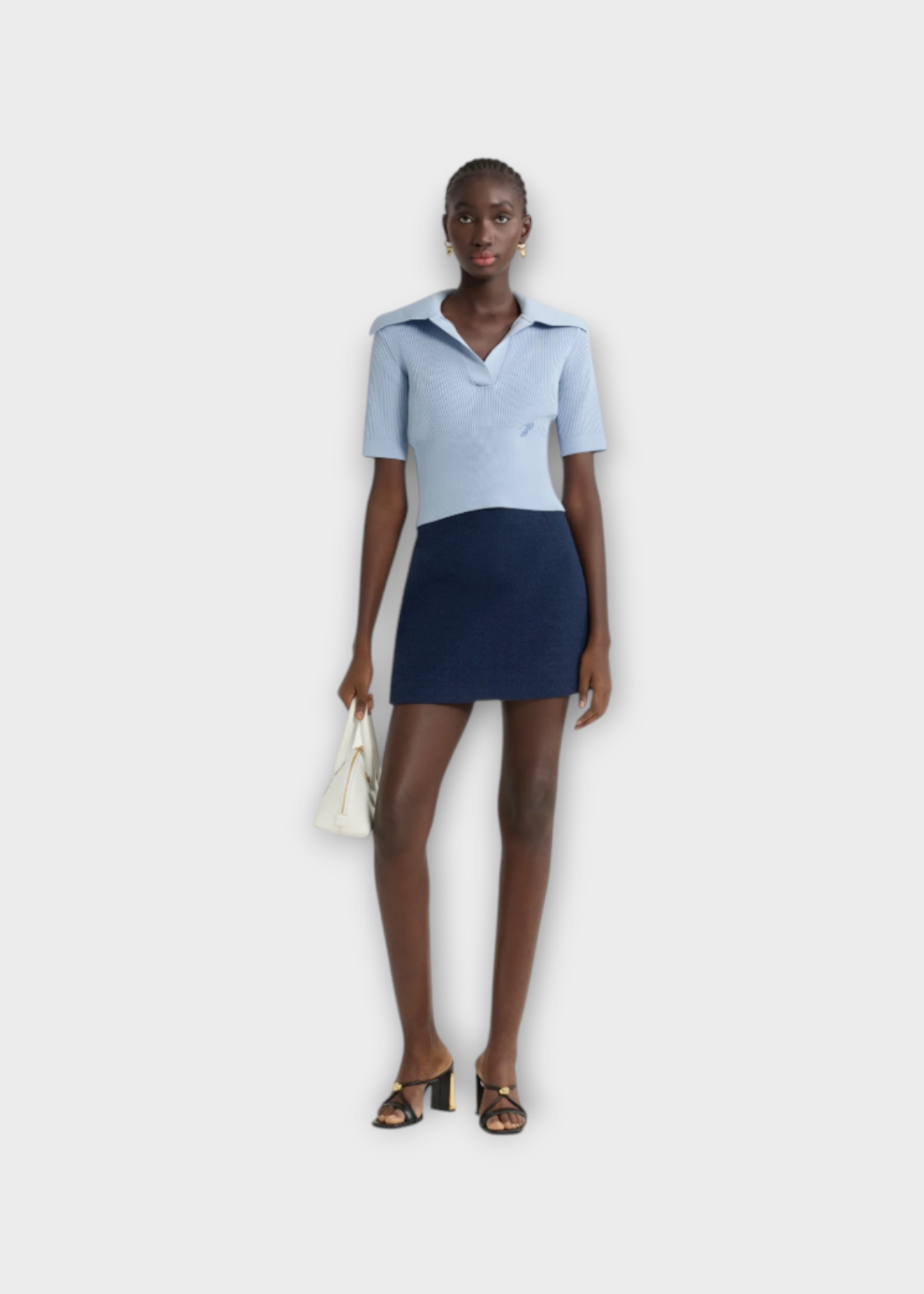 Patou Patou T-Shirt, Blue, Collared Short Sleeve Ribbed Knit Polo In Pearl Blue