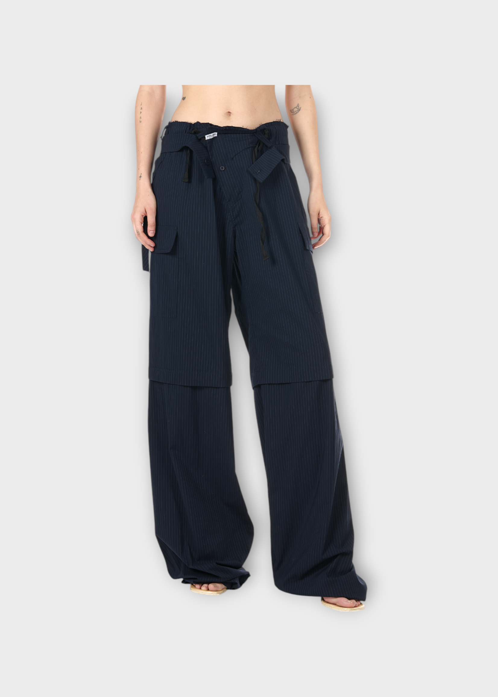 Ottolinger Ottolinger Trousers, Navy, Baggy Cut Out Waist Cargo Pants w/ Beige Stripes