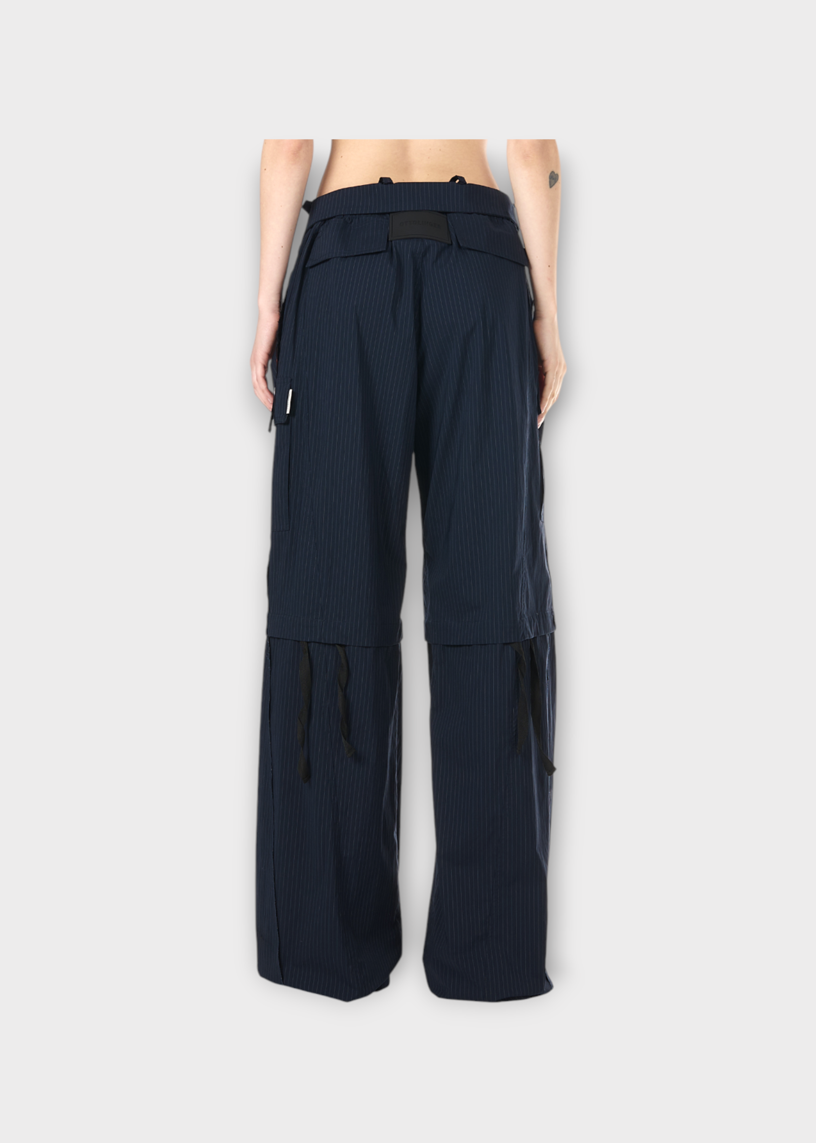 Ottolinger Ottolinger Trousers, Navy, Baggy Cut Out Waist Cargo Pants w/ Beige Stripes