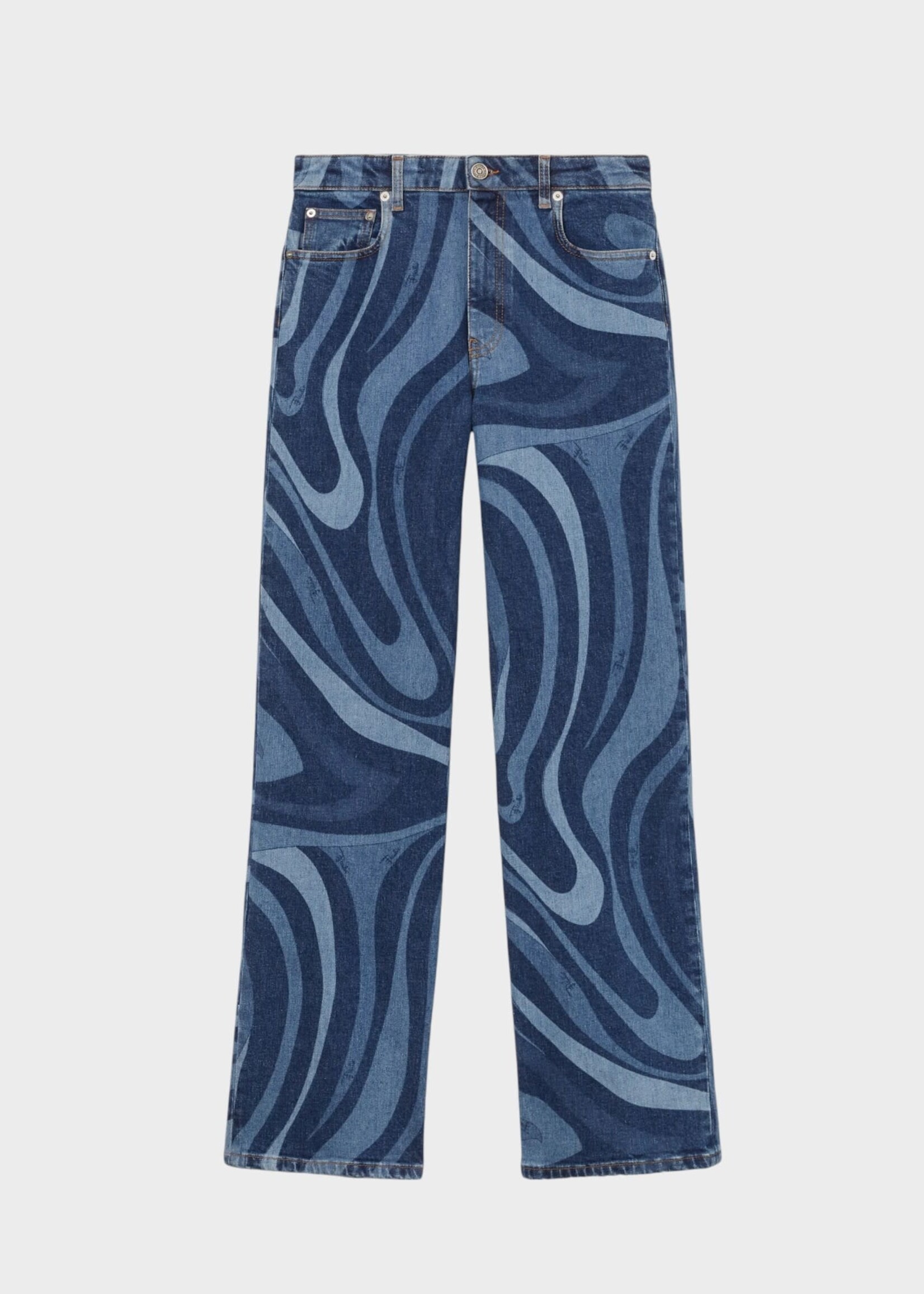 Emilio Pucci Emilio Pucci Jeans, Blue, Cotton Straight Leg Denim Pants in Blue w/ Marmo Print