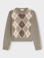 Celine Celine Knitwear, Multi, Argyle Alpaca Wool Crew Neck Button Up Cardigan In Pebble