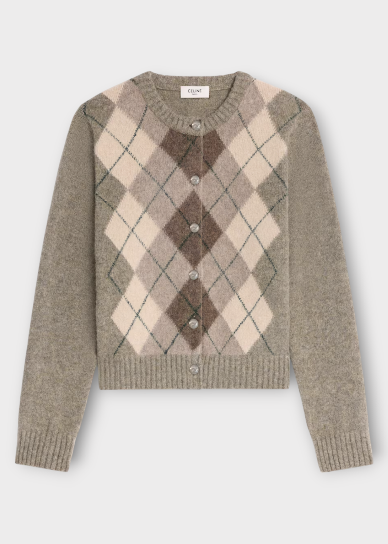 Celine Celine Knitwear, Multi, Argyle Alpaca Wool Crew Neck Button Up Cardigan In Pebble