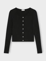 Celine Celine Knitwear, Black, Wool Crew Neck Ribbed Button Up Cardigan