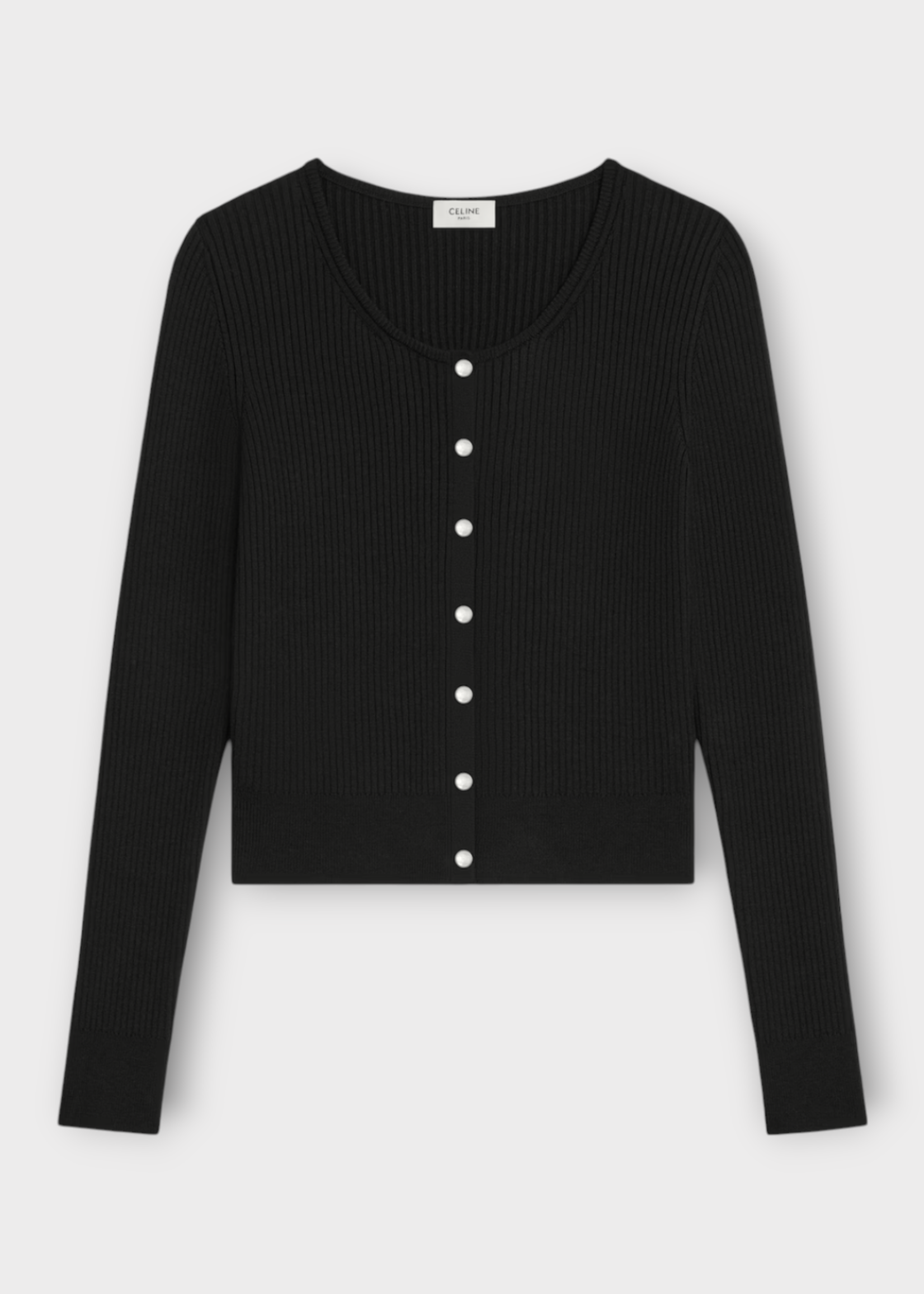 Celine Celine Knitwear, Black, Wool Crew Neck Ribbed Button Up Cardigan