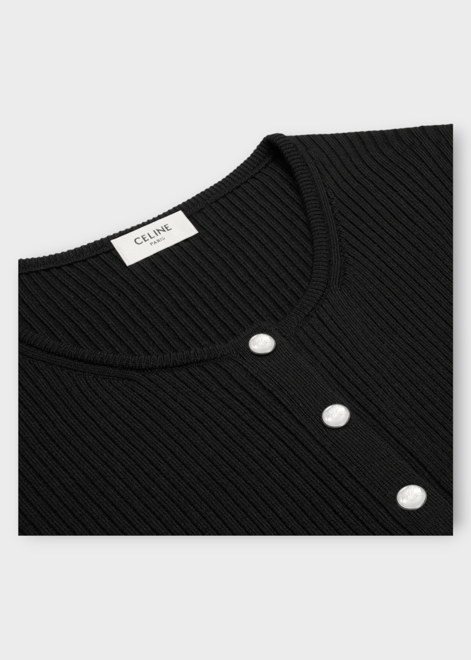 Celine Celine Knitwear, Black, Wool Crew Neck Ribbed Button Up Cardigan