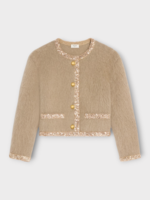 Celine Celine Knitwear, Beige, Brushed Mohair Crew Neck Button Up Cardigan In Taupe w/ Sequin Embroidery