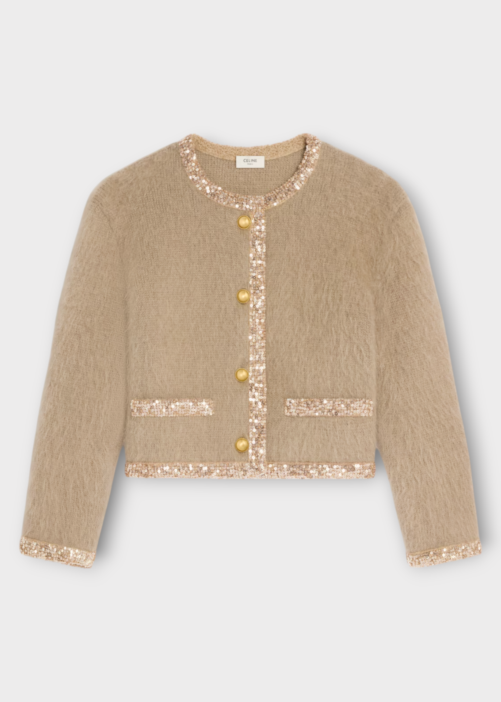 Celine Celine Knitwear, Beige, Brushed Mohair Crew Neck Button Up Cardigan In Taupe w/ Sequin Embroidery