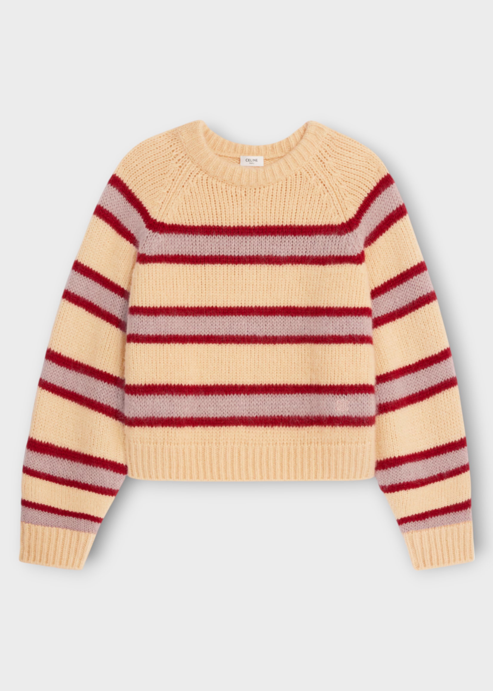 Celine Celine Knitwear, Multi, Cashmire Oversized Crew Neck Striped Pullover In Vanilla, Pink & Red
