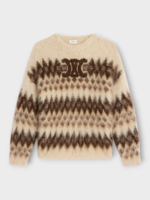 Celine Celine Knitwear, Brushed Mohair & Wool Oversized Crew Neck Pullover In Brown & Ecru w/ Fair Isle Jacquard