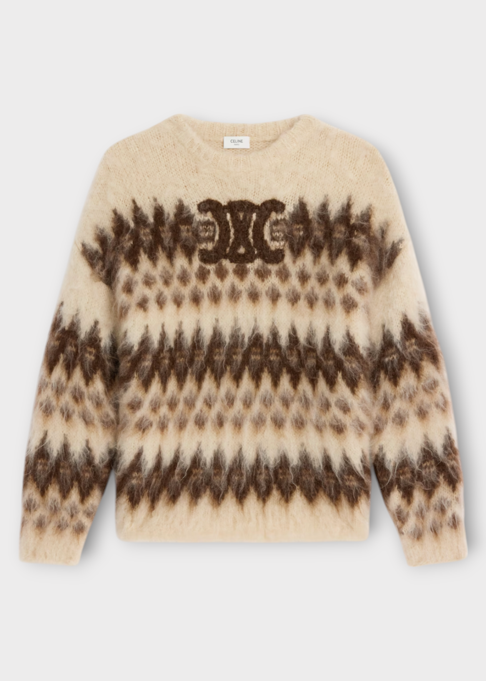 Celine Celine Knitwear, Brushed Mohair & Wool Oversized Crew Neck Pullover In Brown & Ecru w/ Fair Isle Jacquard