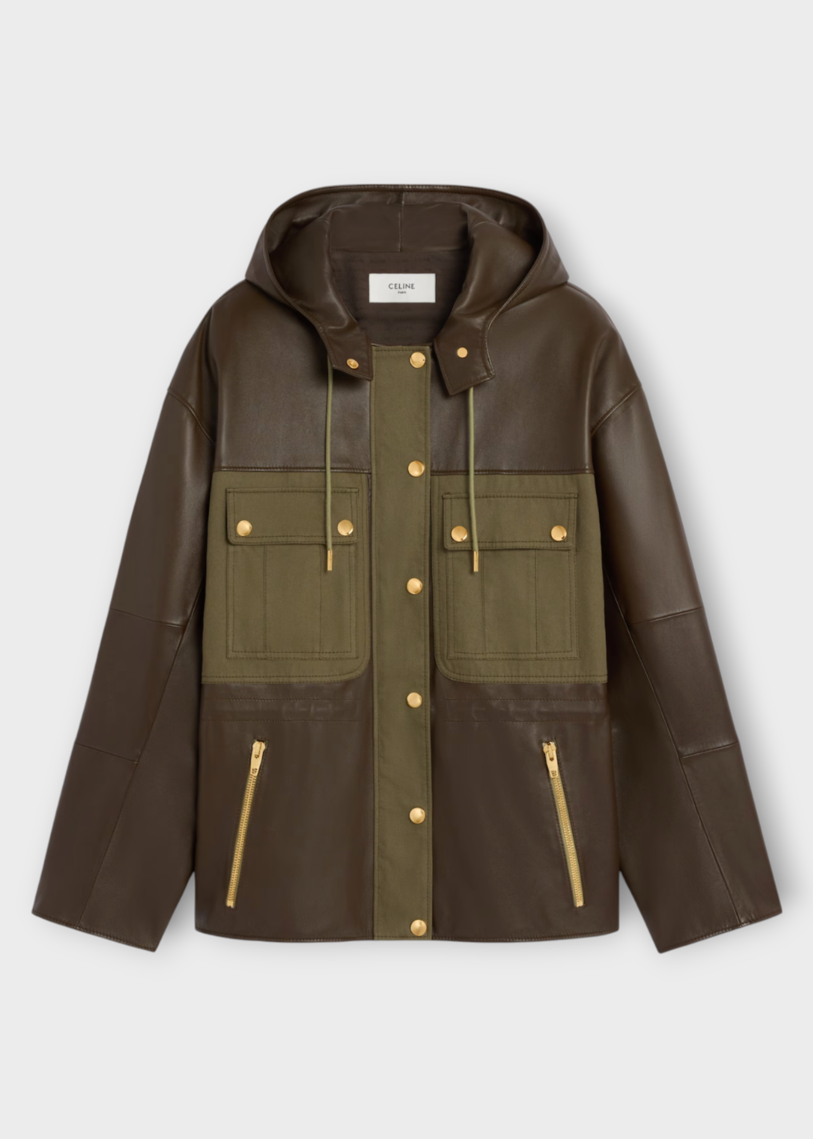 Celine Celine Jacket, Green, Lambskin Hooded Chest Pockets In Dark Khaki