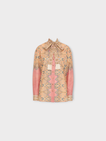 Valentino Valentino Shirt, Print, Voyage Imaginaire Cotton Bow Tie Top In Pink & Multicolour w/ Paisley Print